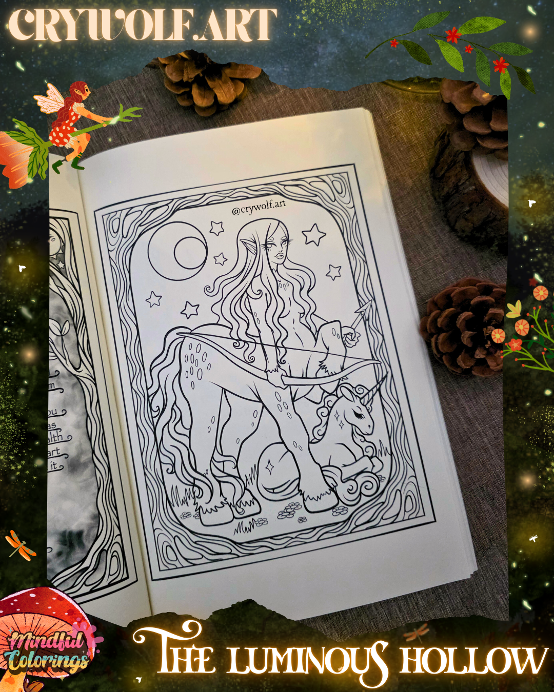 Open colouring journal displaying a fantasy illustration of a centaur and unicorn beneath a moon and stars, featured inside The Luminous Hollow Anxiety Colouring Journal.