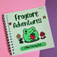 Mini 4x4-inch Frogcore Adventures coloring book featuring cute frog-themed illustrations, coiled binding, and 46 double-sided pages filled with whimsical frog adventures and cozy nature-inspired scenes.