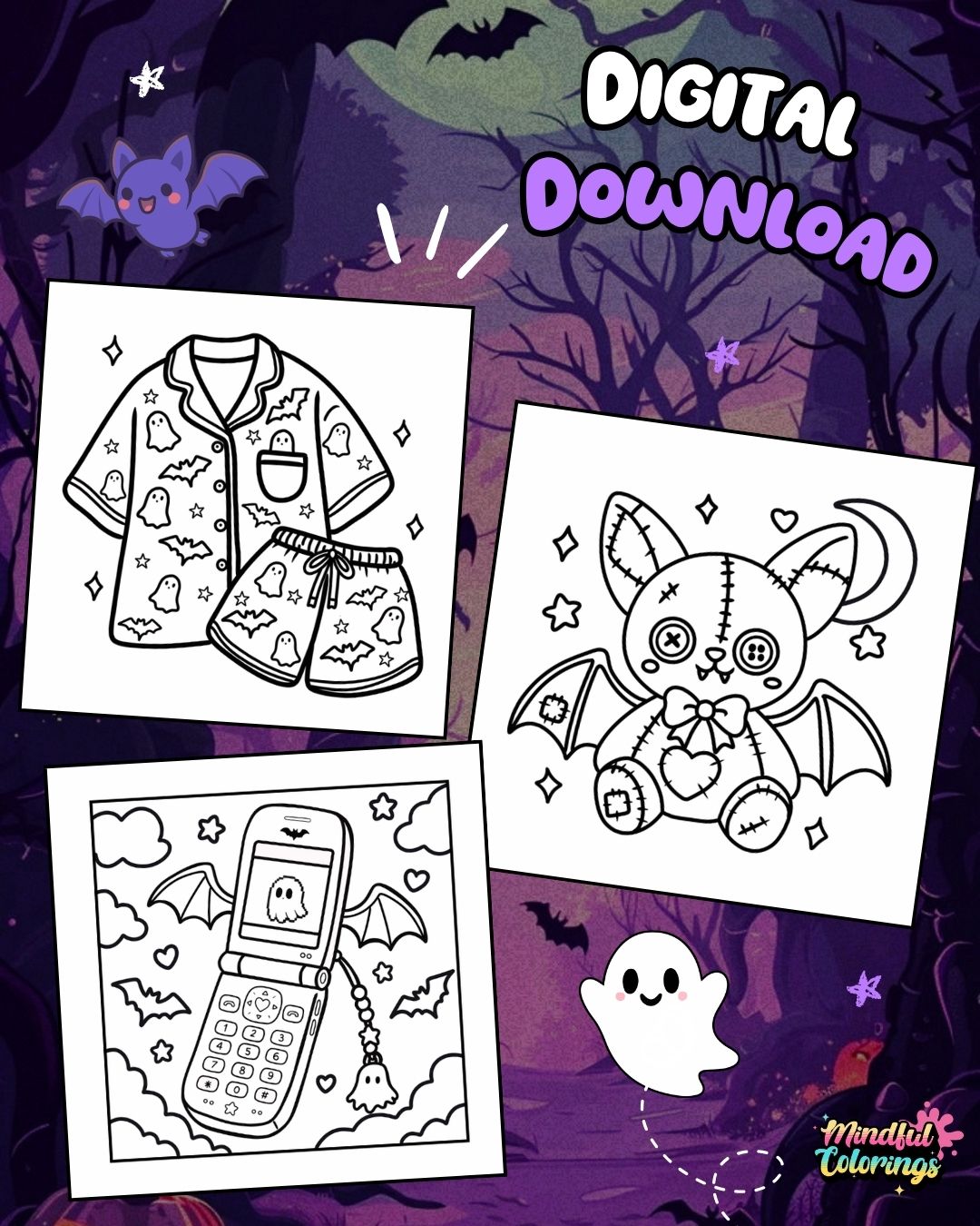 Digital coloring pages for Halloween themed designs, including a pajama set, a stitched bat character, and a flip phone, displayed on a spooky purple background with 'DIGITAL DOWNLOAD' text.
