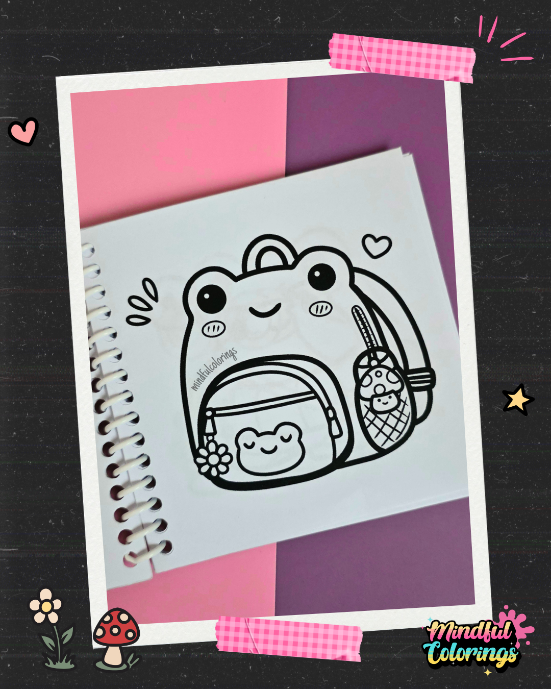 Cute frog-shaped backpack with small accessories and decorative details coloring page from the Frogcore Adventures mini coloring book.