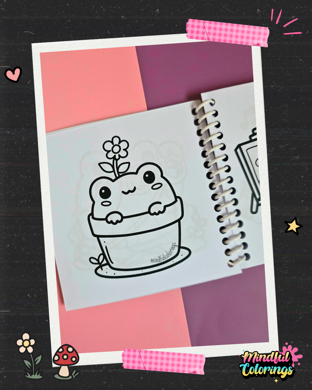Adorable frog sitting in a flower pot with a blooming flower growing above its head coloring page from the Frogcore Adventures mini coloring book.