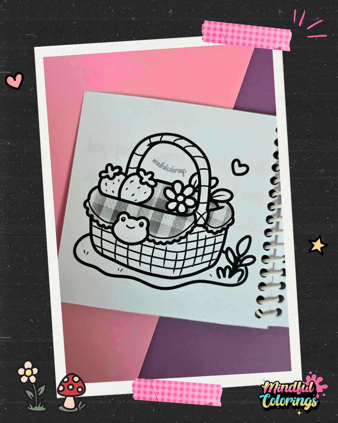 Frog-themed picnic basket filled with strawberries and flowers coloring page from the Frogcore Adventures mini coloring book