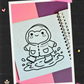 Happy frog wearing a raincoat and rain boots splashing in a puddle coloring page from the Frogcore Adventures mini coloring book.