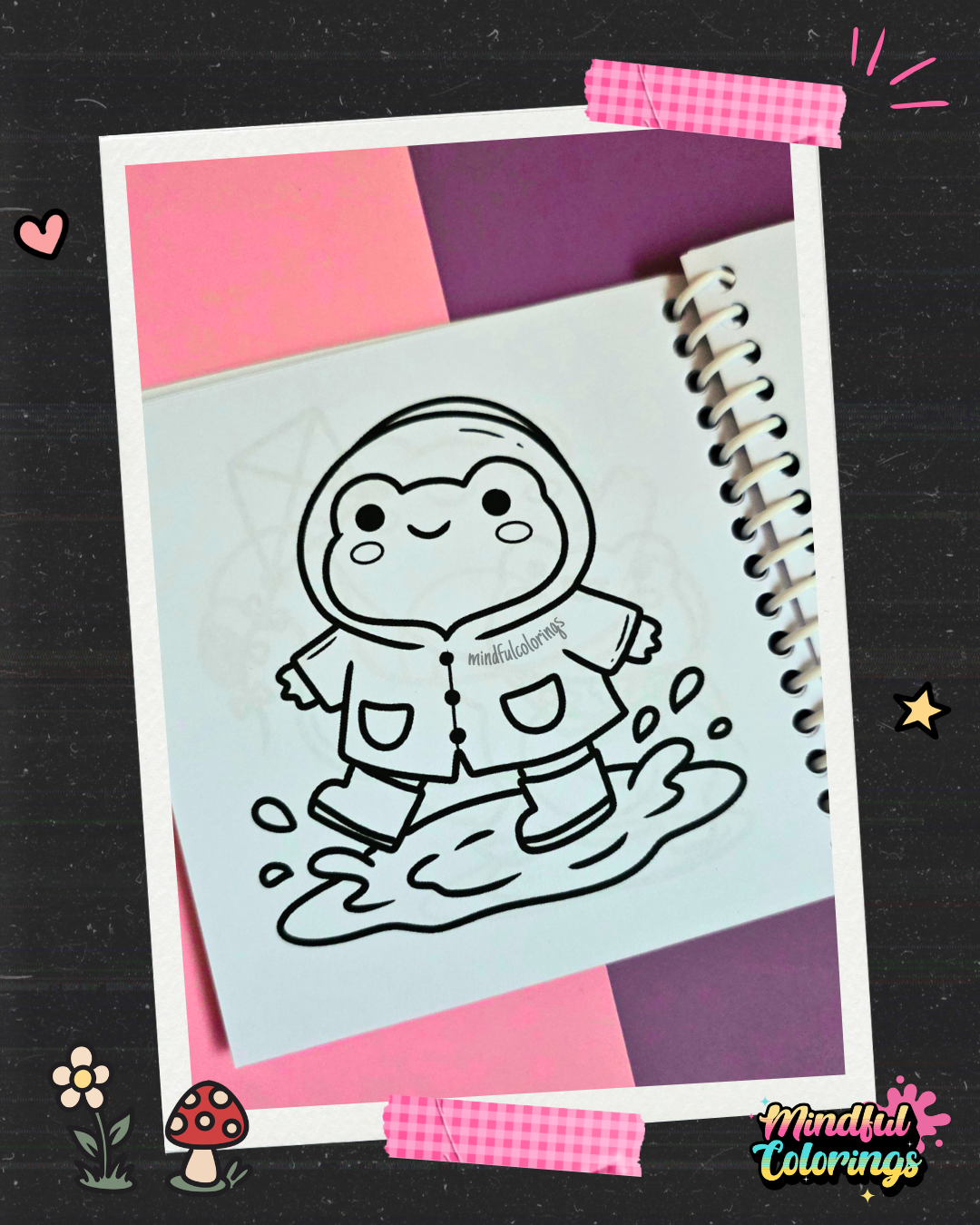 Happy frog wearing a raincoat and rain boots splashing in a puddle coloring page from the Frogcore Adventures mini coloring book.
