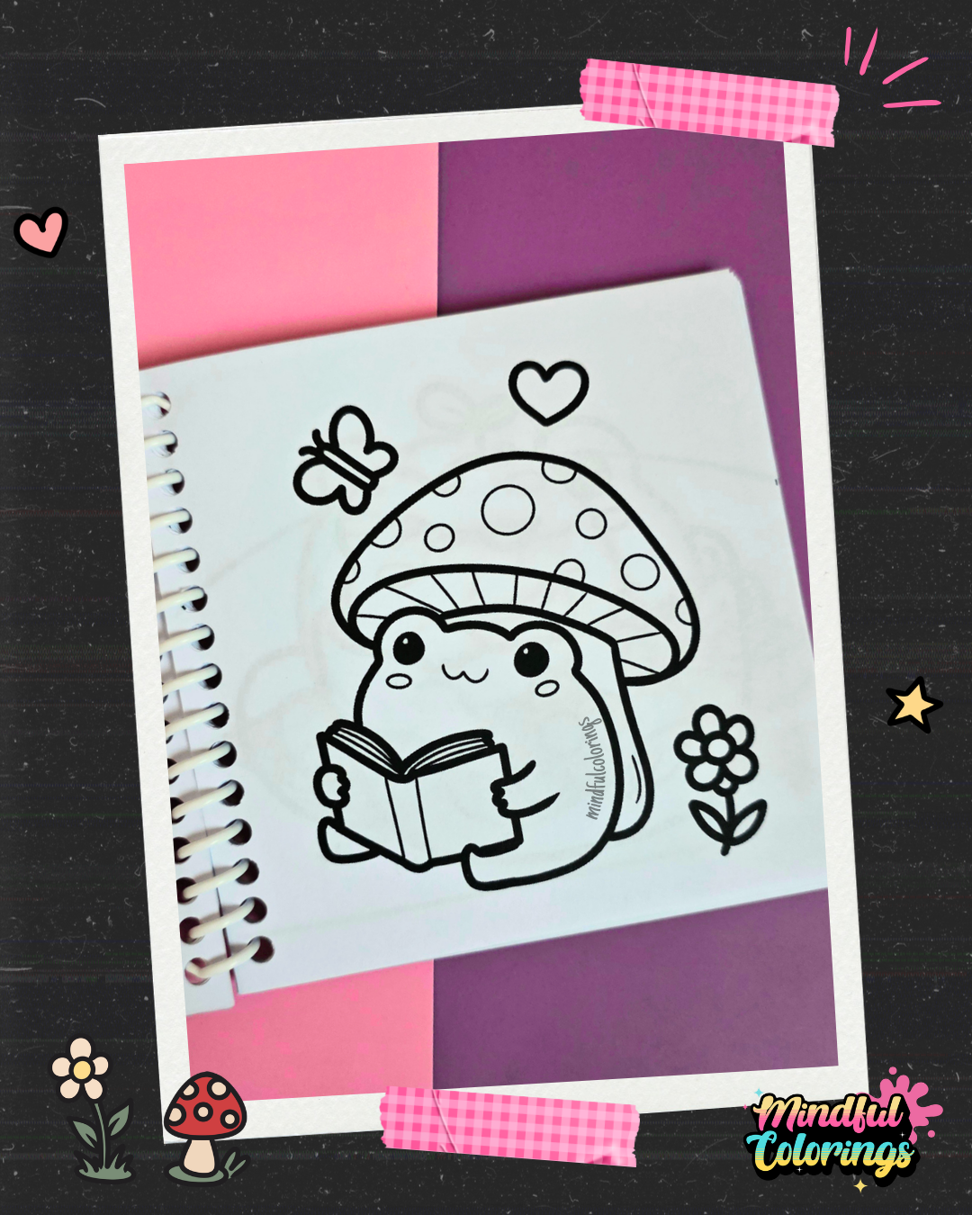 Adorable frog reading a book beneath a spotted mushroom coloring page with butterfly and flower details from the Frogcore Adventures mini coloring book.