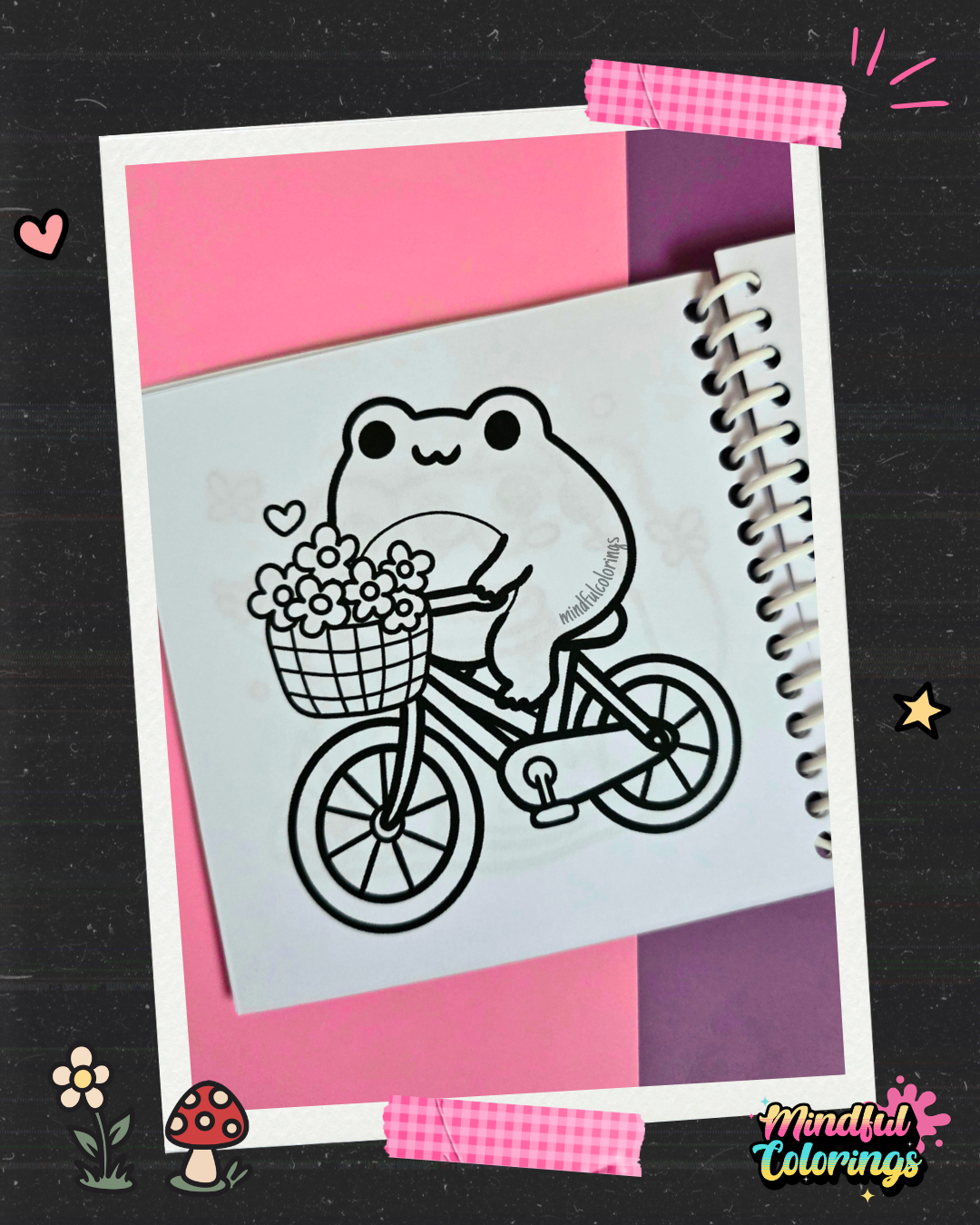 Happy frog riding a bicycle with a basket full of flowers coloring page from the Frogcore Adventures mini coloring book.