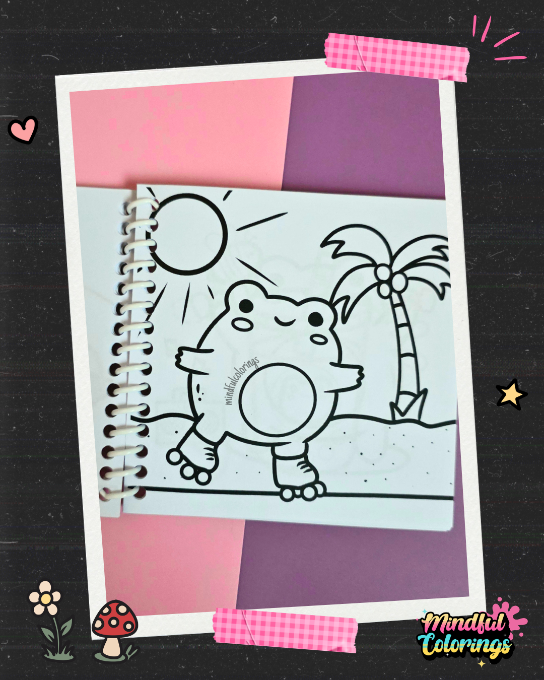 Cute frog roller skating under the sun beside a palm tree coloring page from the Frogcore Adventures mini coloring book.