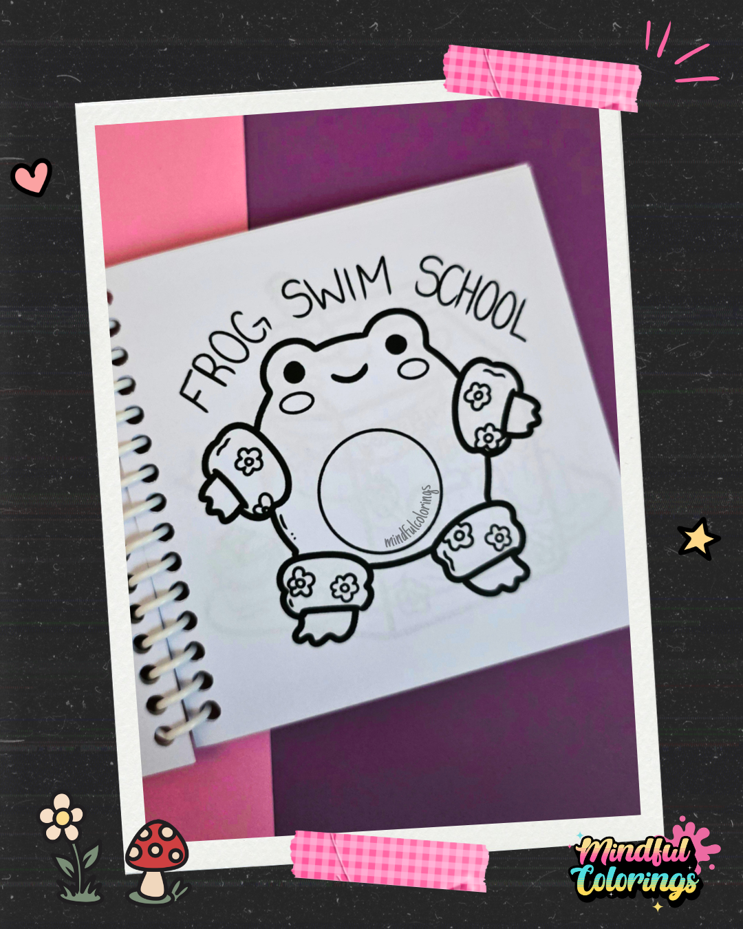 Cute frog wearing flower-patterned swim floaties with the words Frog Swim School coloring page from the Frogcore Adventures mini coloring book.
