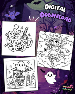 Digital coloring pages for Halloween shown on a spooky purple background. The pages feature black-and-white line art: a mug with ghosts and a pumpkin, a fairy with a purse, and a ghost inside of a with a 'BOO Berry' cereal box.