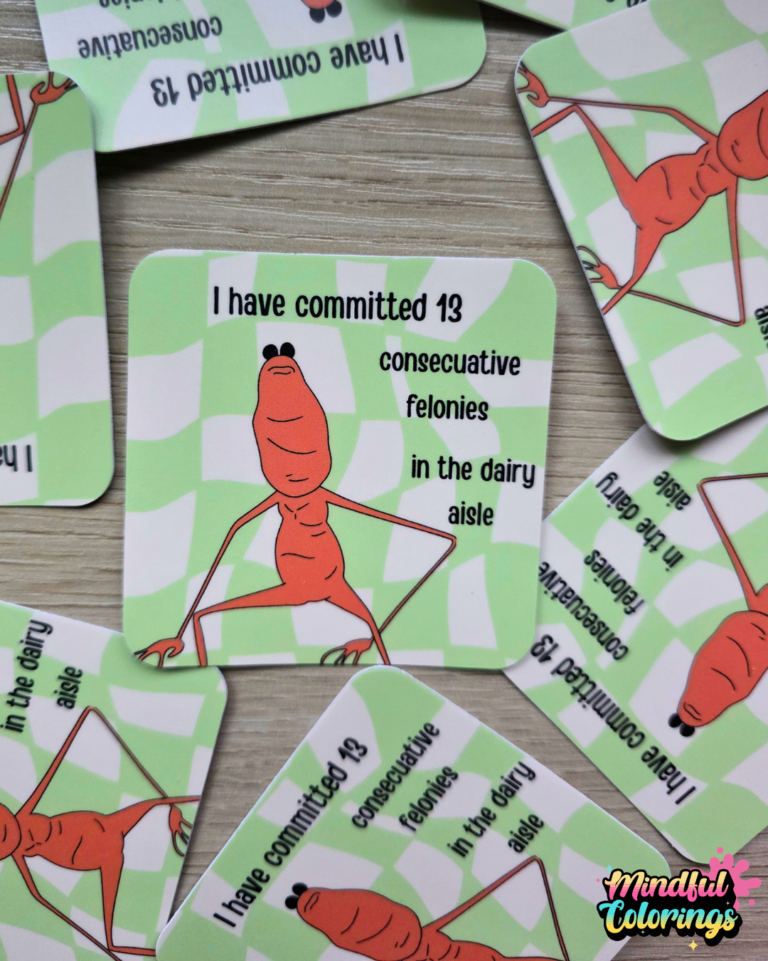 Sticker featuring Marcus the Worm with a confident stance beside the text "I have committed 13 consecutive felonies in the dairy aisle" on a green checkered background.