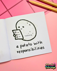 Funny coloring page featuring a potato holding a checklist with the caption "a potato with responsibilities