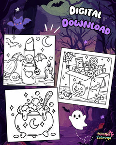 Spooky-cute Halloween digital colouring pages featuring gothic lipstick, a bubbling witch's cauldron and a box of ghostly Halloween candy from Mindful Colorings.