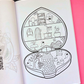 An open coloring book or activity booklet showing a black-and-white illustrated split design with spooky home and garden scenes, placed on a bright pink background.