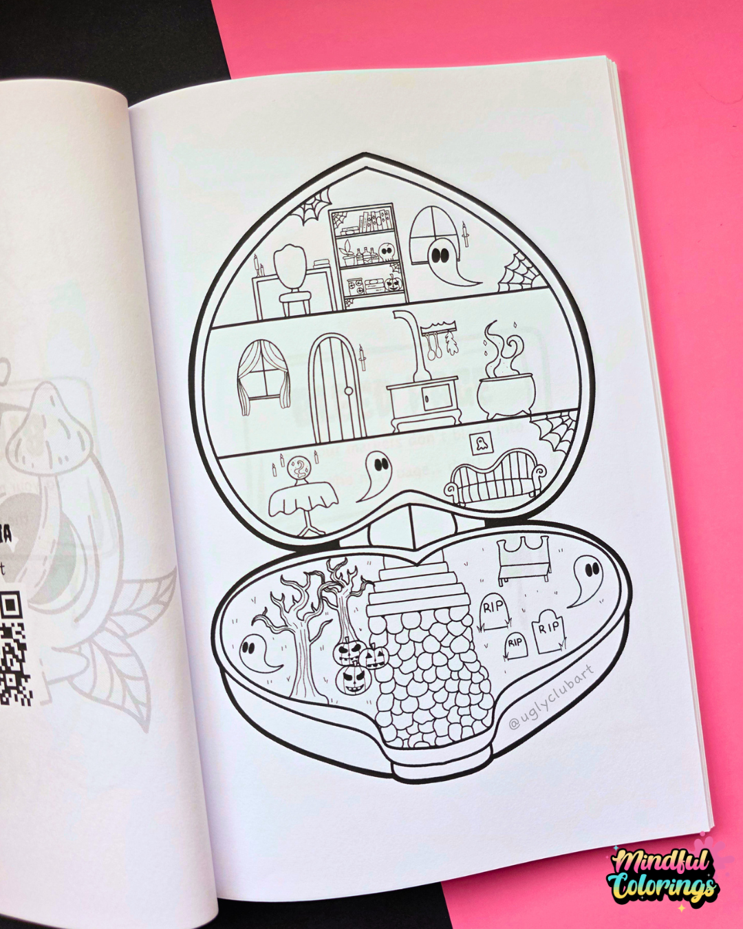 An open coloring book or activity booklet showing a black-and-white illustrated split design with spooky home and garden scenes, placed on a bright pink background.