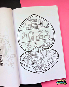 An open coloring book or activity booklet showing a black-and-white illustrated split design with spooky home and garden scenes, placed on a bright pink background.