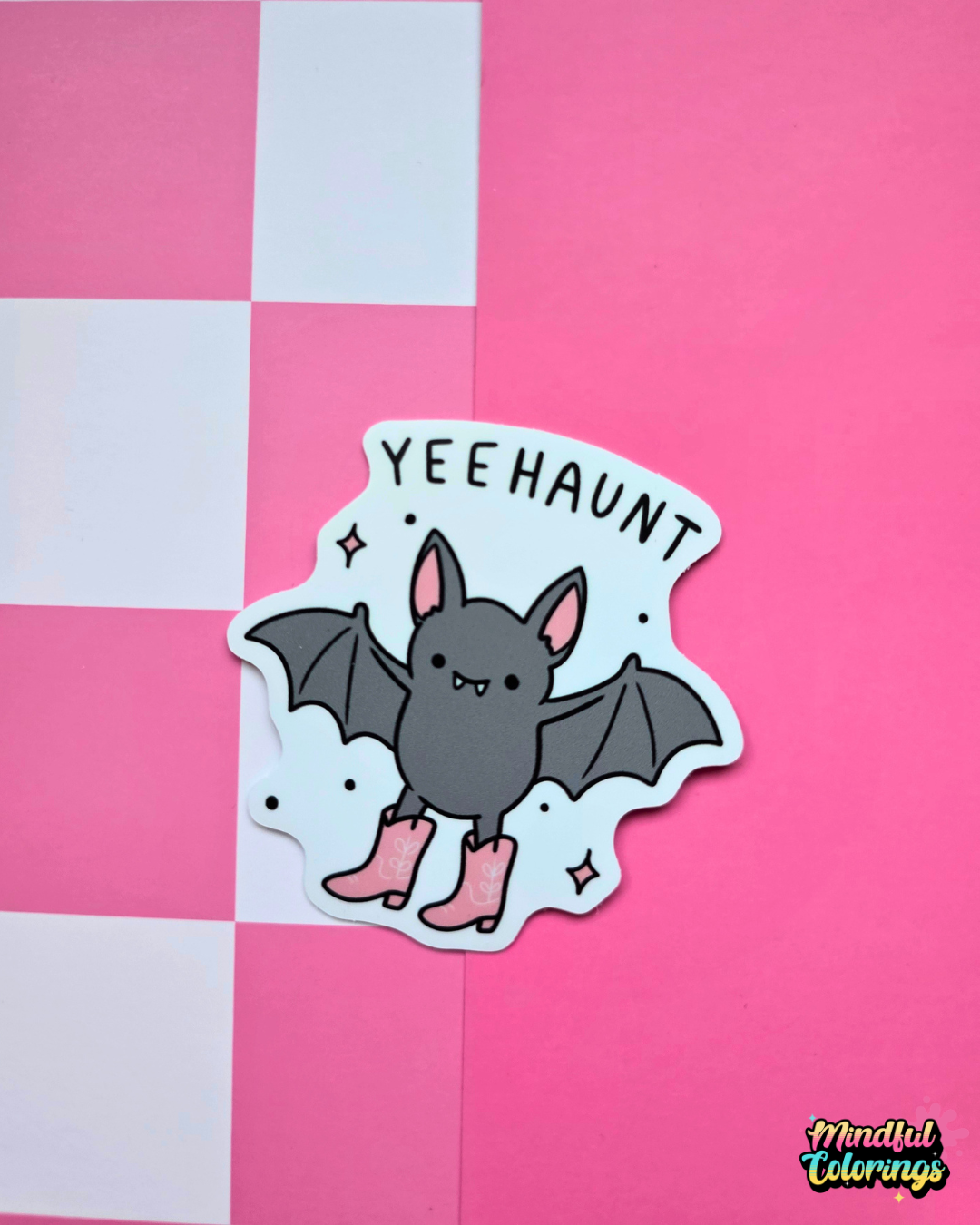 Cute Yeehaunt cowboy bat vinyl sticker wearing pink western boots by Mindful Colorings, an Edmonton, Alberta small business.